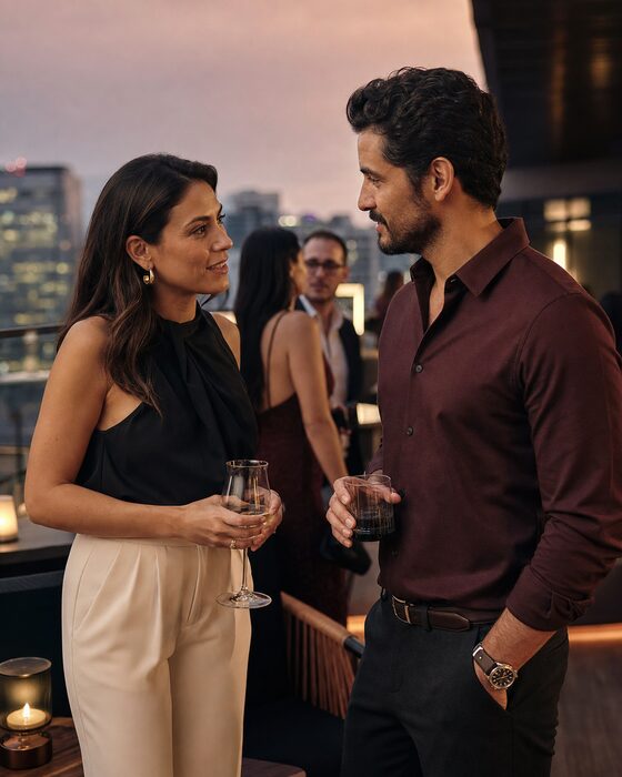 Dos adultos conversan en un encuentro social al atardecer