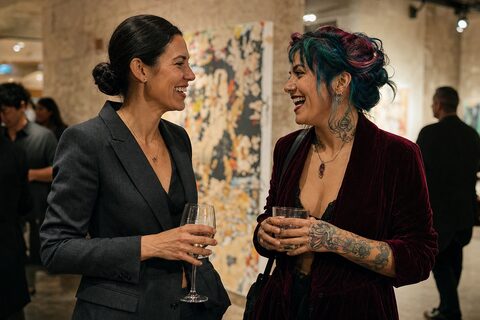 Una ejecutiva con traje conversa y ríe con una artista de cabello colorido, piercings y tatuajes en una galería